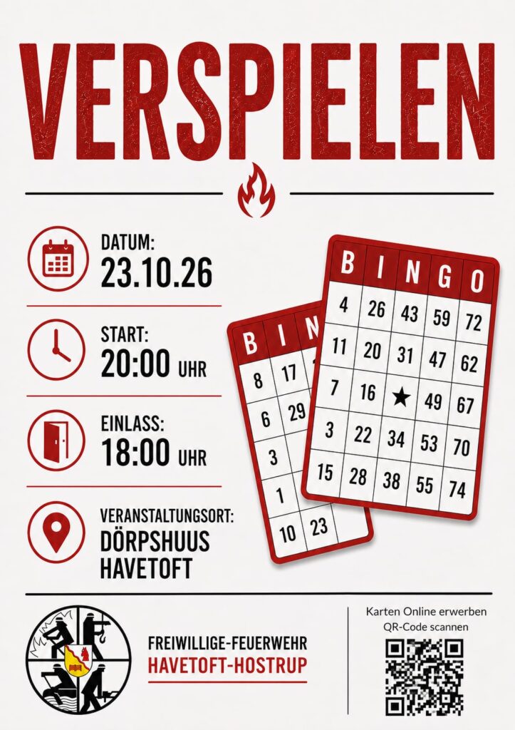 Plakat: Verspielen der Freiwilligen Feuerwehr Havetoft-Hostrup am 23.10.2026, Einlass 18:00 Uhr, Start 20:00 Uhr, Dörpshuus Havetoft