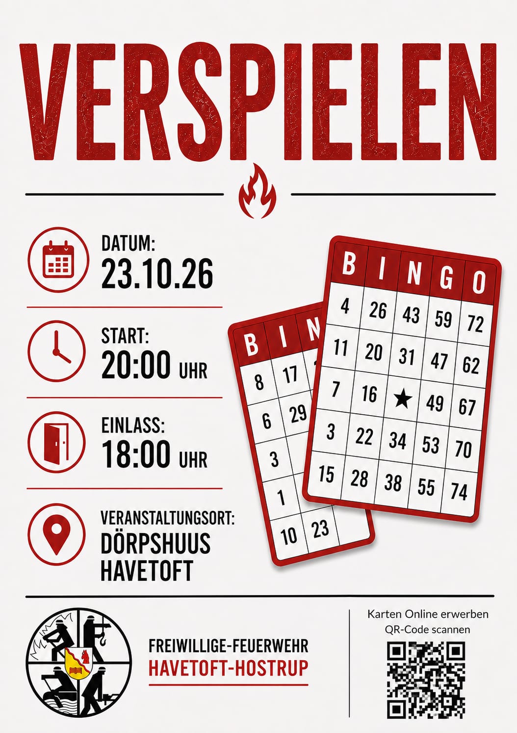 Plakat: Verspielen der Freiwilligen Feuerwehr Havetoft-Hostrup am 23.10.2026, Einlass 18:00 Uhr, Start 20:00 Uhr, Dörpshuus Havetoft